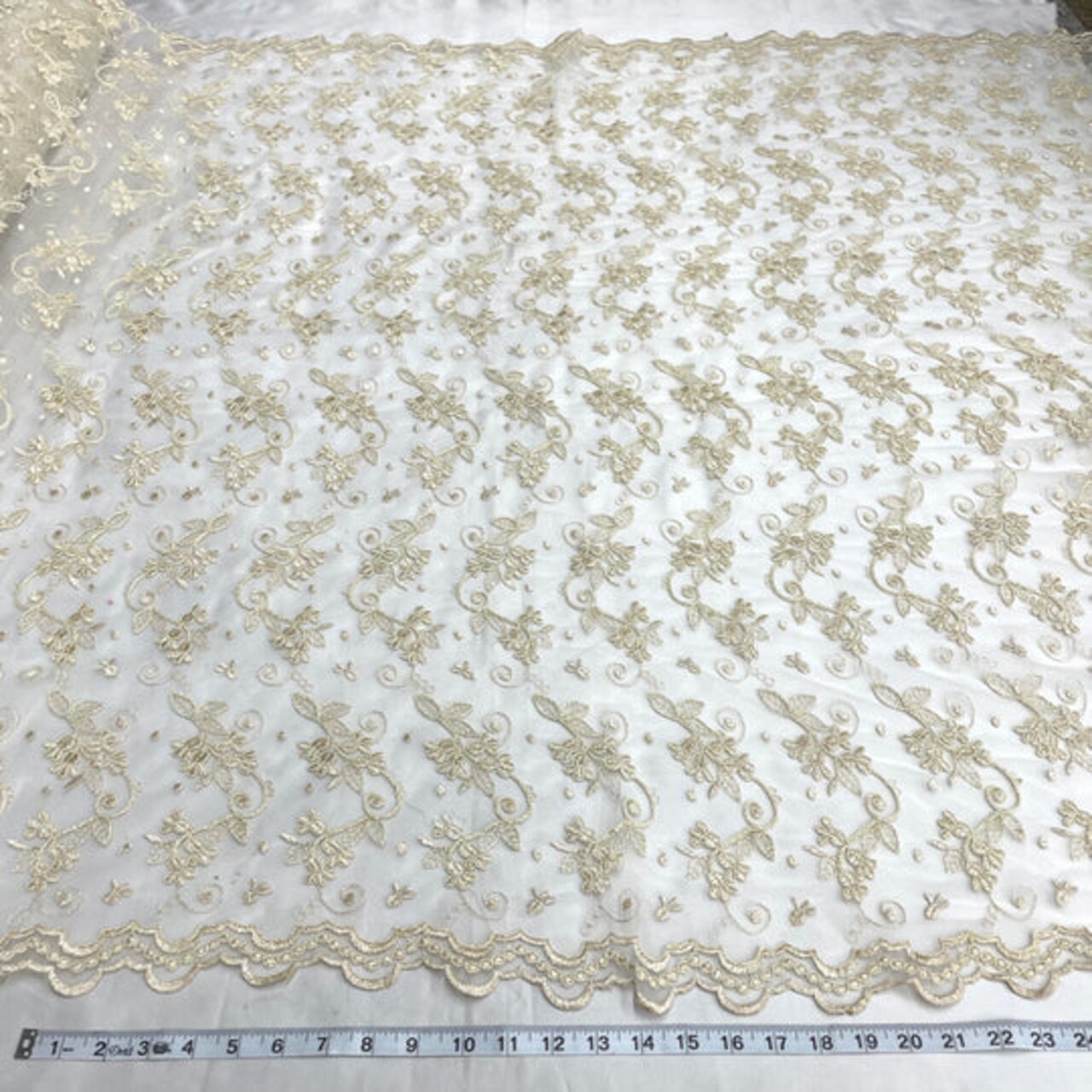 1 Yard Corded Bridal Lace Fabric Embroidered on 100% Polyester Net Mesh - 54" Wide